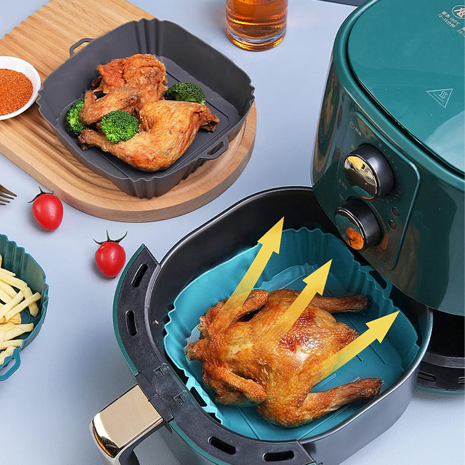 4 Pcs Air Fryer Silicone Liners Square, Reusable Air Fryer Basket, Food Safe Air Fryers Oven Accessories, Replacement of Flammable Parchment Paper Liner, Silicone Baking Tray Pots for 4 to 7 QT