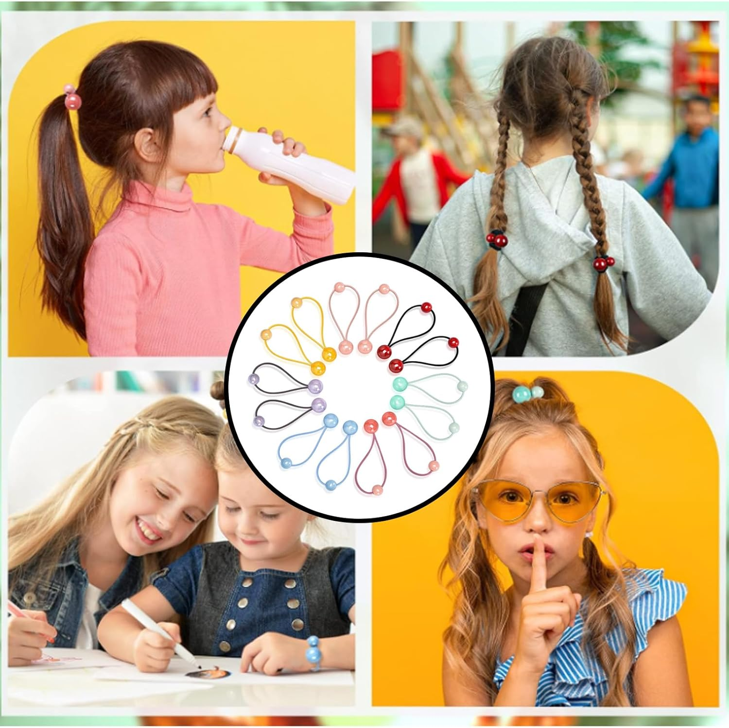 Xiciki Pack of 12 Girls Elastic Hair Ties Hair Band Colorful Double Balls Elastic Hair Band Soft Girls Circle Beads Colorful Elastic Hair Bands