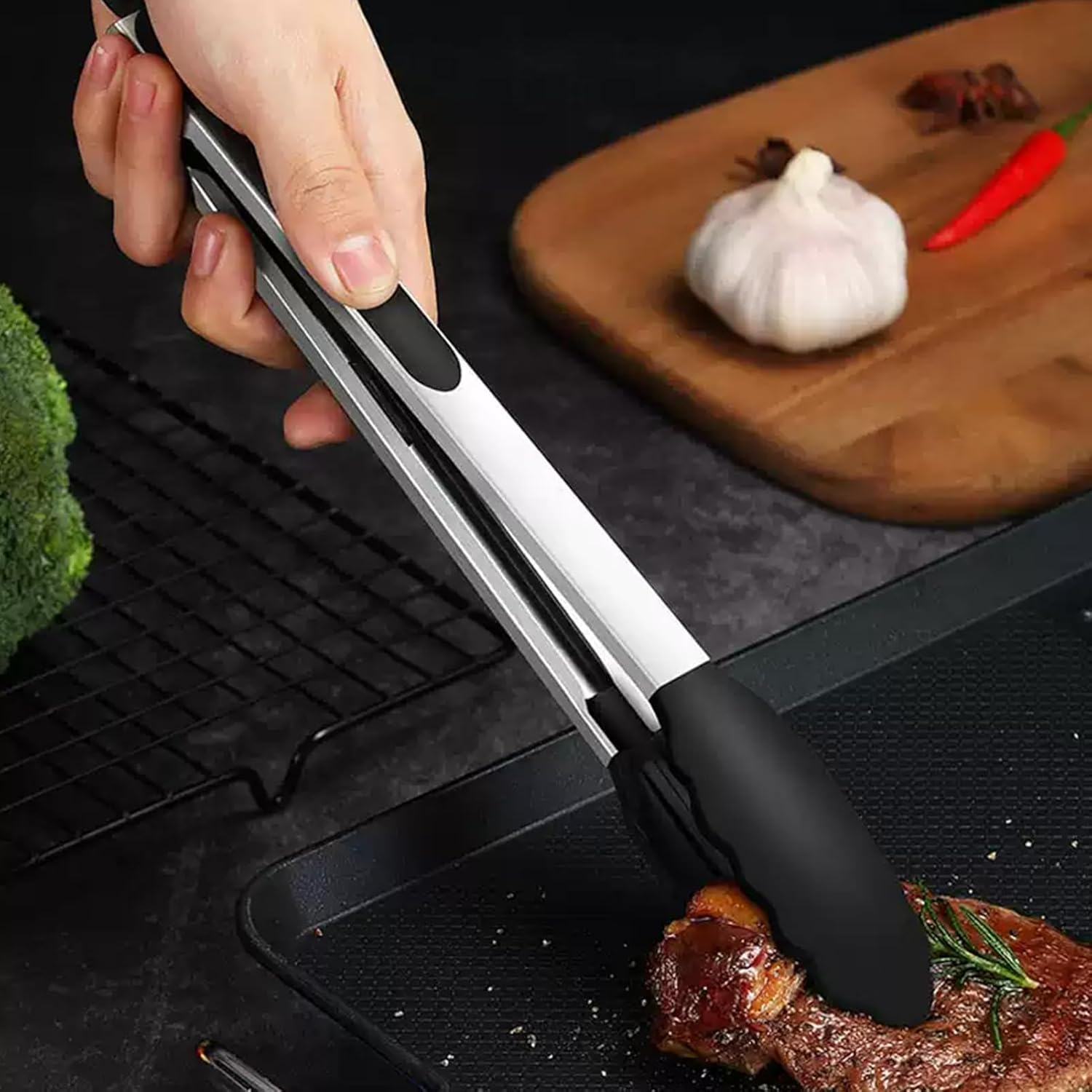 Premium Stainless Steel Locking Kitchen Tongs with Silicone Tips, 13.38 Inch and 10.63 Inch Heavy Duty Non-Slip Grip Cooking Tongs for Precise Handling and Non-Scratch Use in Any Kitchen image number 4