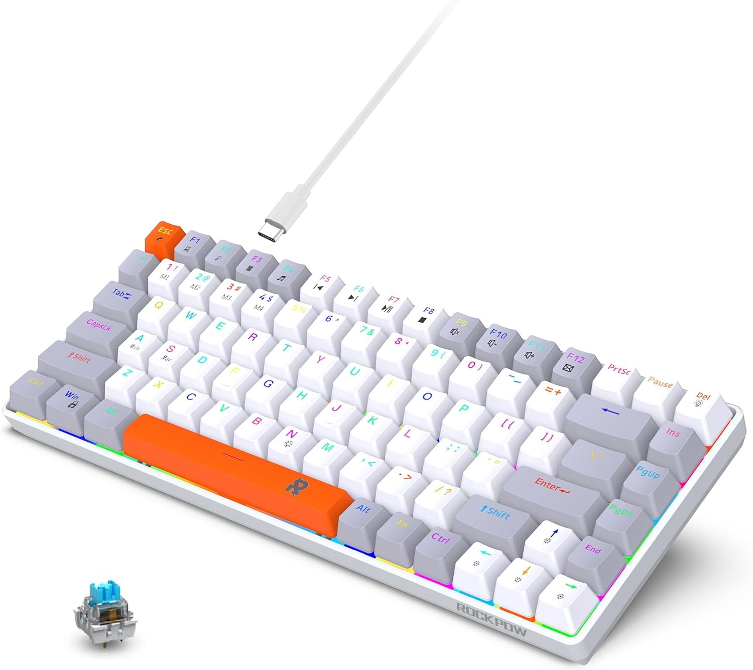 ROCK POW 70% Wired Mechanical Gaming Keyboard, 84Keys RGB Backlit Ultra-Compact Mini Keyboard, Waterproof Mini Compact for Pc/Mac Gamer, Typist, Easy Carry on Trip Blue Switch - 63 Blue White Red image number 5