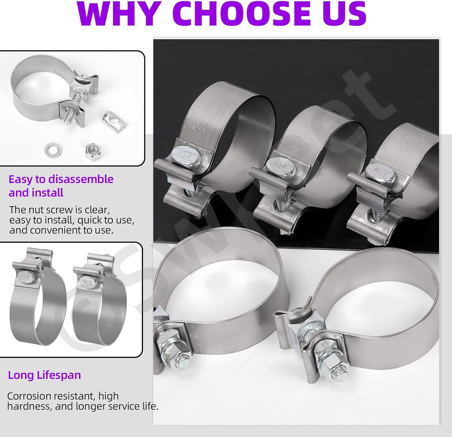 Swpeet 1Pc 2 Inches Exhaust Clamp Narrow Band, Stainless Steel Butt Joint Band Clamp Sleeve Coupler, Universal Joint Exhaust Pipe Muffler Clamp Band Ideal for Exhaust System image number 1