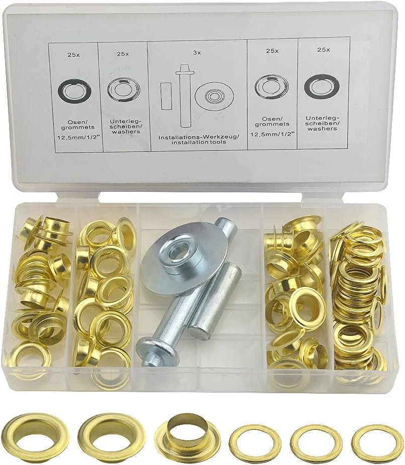 XINMEIWEN 103 Sets Metal Grommet Tool Kit 1/2 Inch Grommet Eyelets Set with 3Pcs Installation Tools for Fabric Leather Craft Making (Gold) image number 4