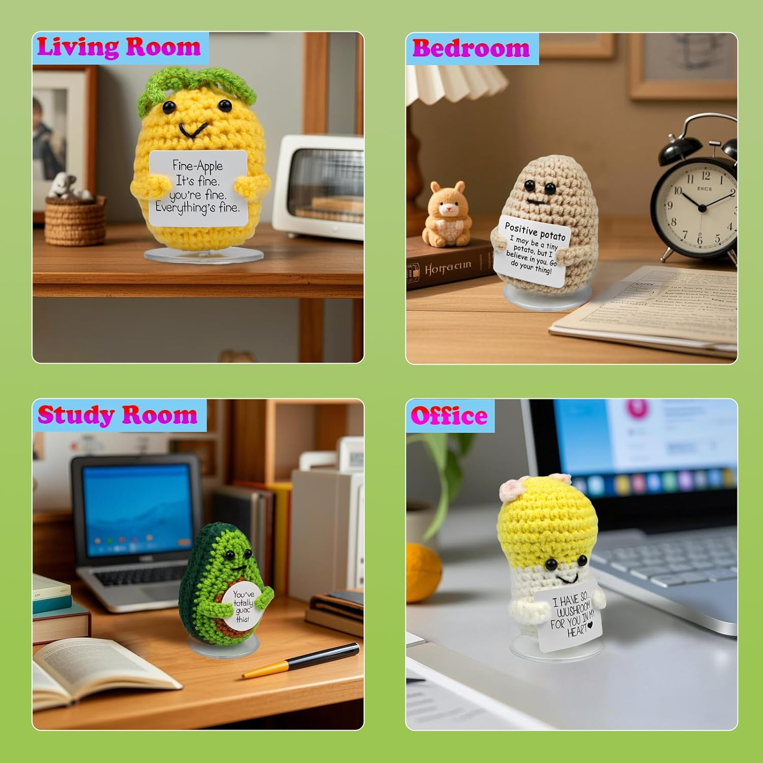 SZMDLX Positive Crochet Potato Mushroom Avocado Pineapple, 4PCS Emotional Inspirational Support Cute Stuff, Home Decoration, Funny Handmade Crochet with Positive Card, Encouragement Gifts for Friends image number 2
