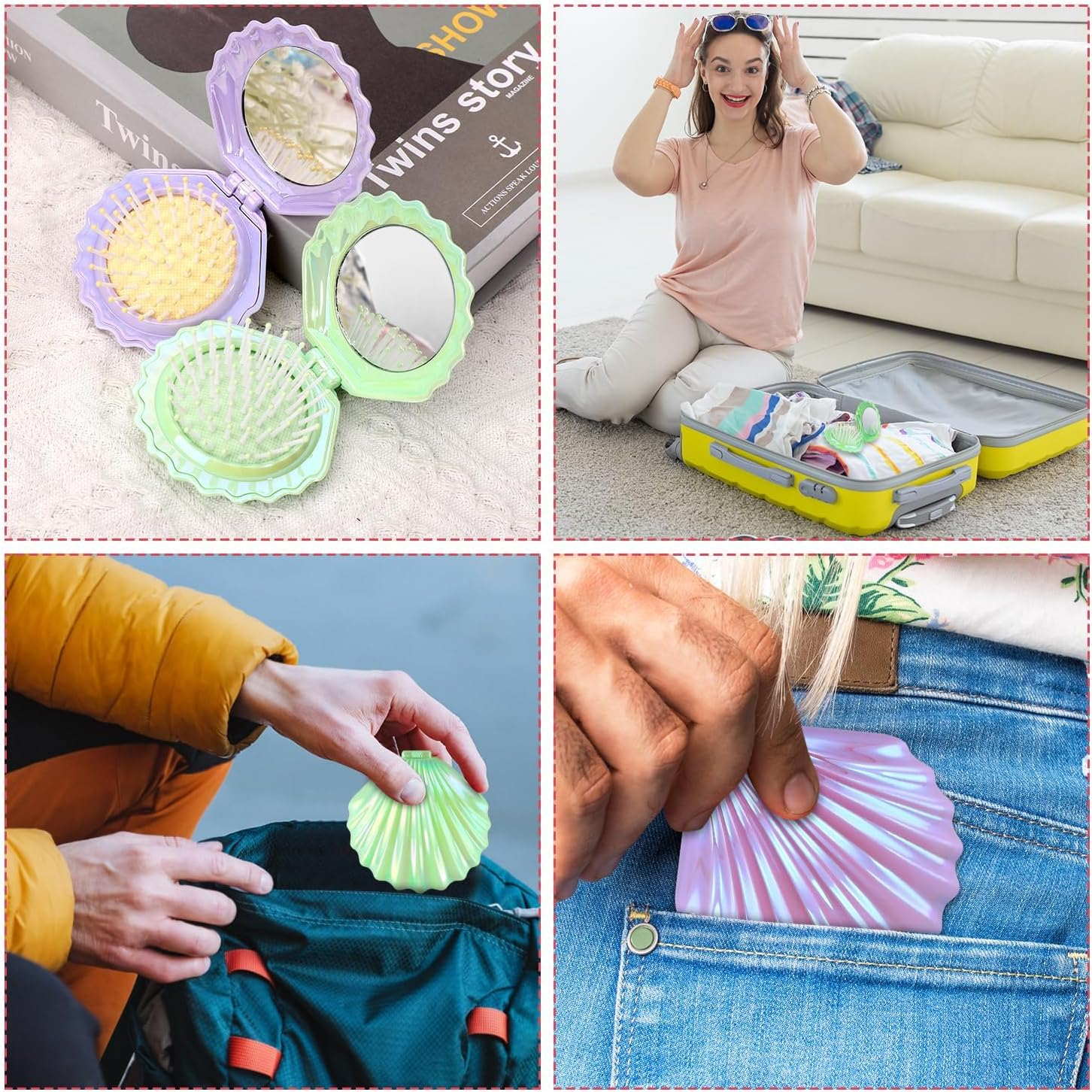 2Pcs Shell Shape Pocket Hair Brush with Mirror,Folding Travel Hair Brush with Mirror,Shell Shape Pocket Hair Brush with Mirror Folding Hair Brush Portable Cute Hair Massage Comb Mini Hair Brush image number 4