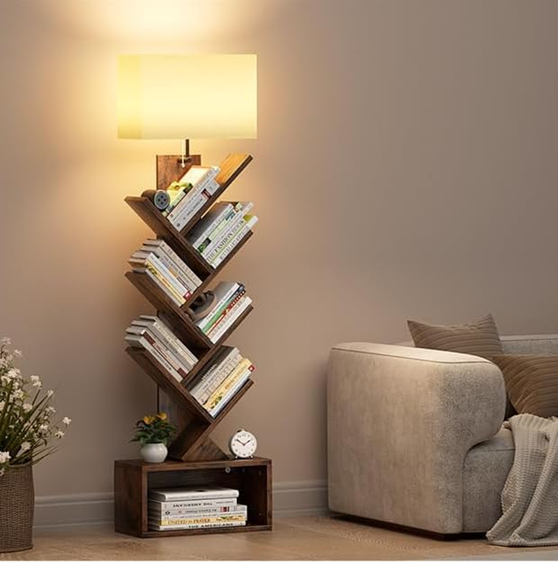 WAMBORY 6 Tier Tree Bookshelf with Light for 3 Color Temperature, Vertical Bookcase Tower for Books,Cds,Standing Book Organizer with Storage Cabinet, Corner Display Bookshelf Lamp for Living Room image number 6