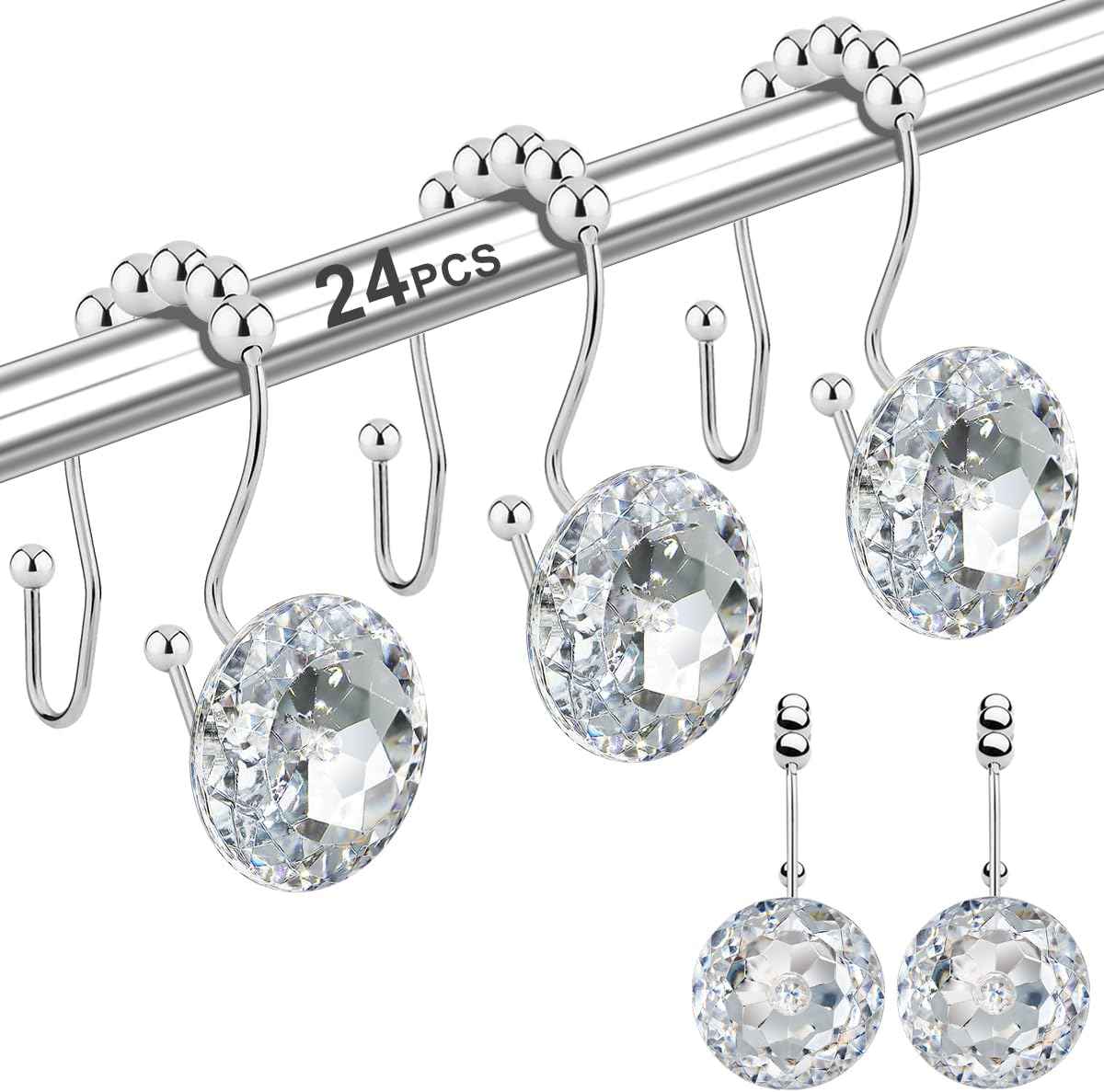 Yapicoco 12PCS Shower Curtain Hooks Rings for Bathroom, Double Hooks Glide anti Rust Crystal Rhinestones Hooks Rods Curtains and Liner (Crystal White) - Aqua Blue image number 3
