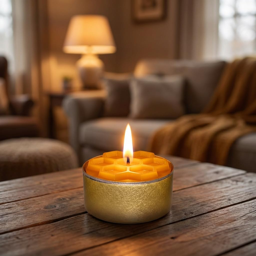22 X Honeycomb Beeswax Tea Lights - 100% Natural Beeswax - Handmade in Germany - Warm, Quiet Candlelight - in Gold Aluminium Bowls