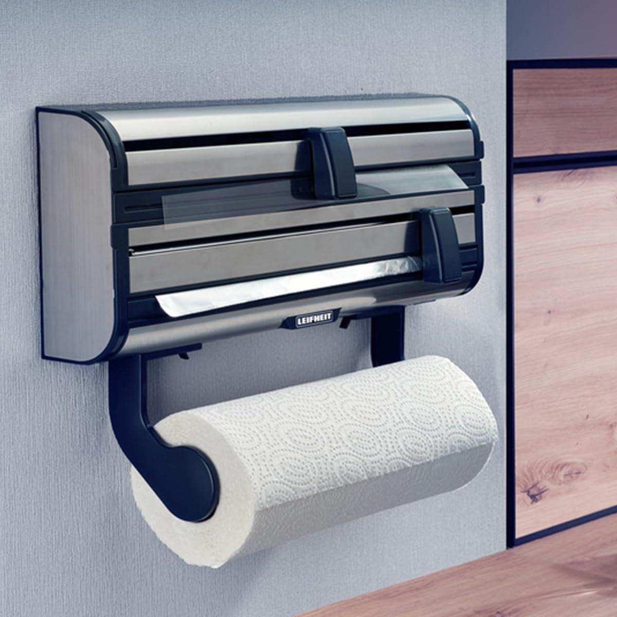 Leifheit Parat Royal 2.0 Wall Holder for 3 Rolls, Kitchen Roll Holder for Smooth Cut Edges, Paper Roll Holder for Handy Films, Foil Cutter with Razor-Sharp Blades Silver 38.5 X 16.2 X 8.5 Cm 25793 image number 5