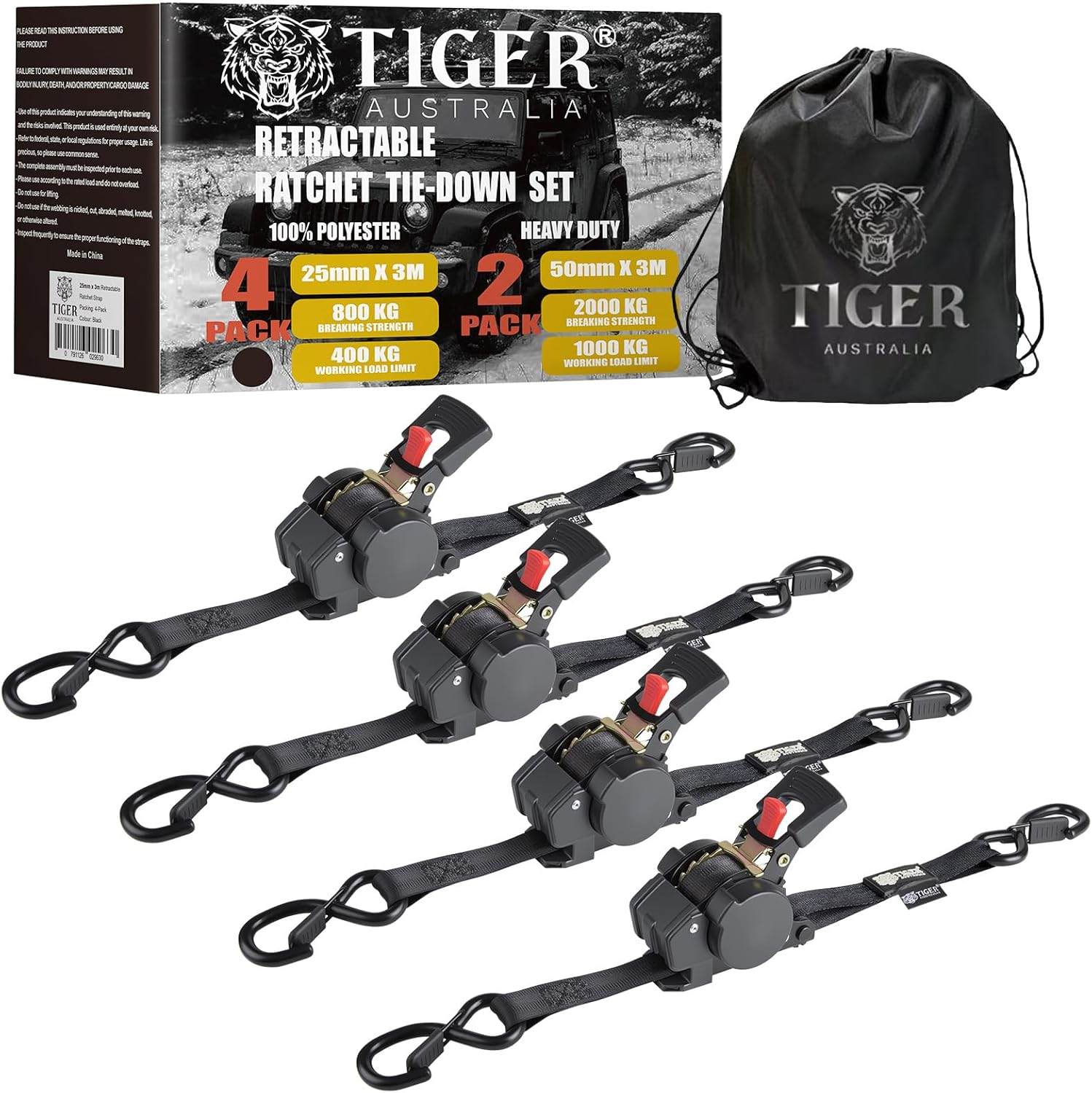 Tiger Australia Auto Slow-Retracting Design Ratchet Straps 4 Pack &ndash; 25Mm X 4.5M Tie down Straps, Upgraded to Stainless Steel Spring, S-Hooks & Storage Bag, for Trailers, Utes, Boats & Moving
