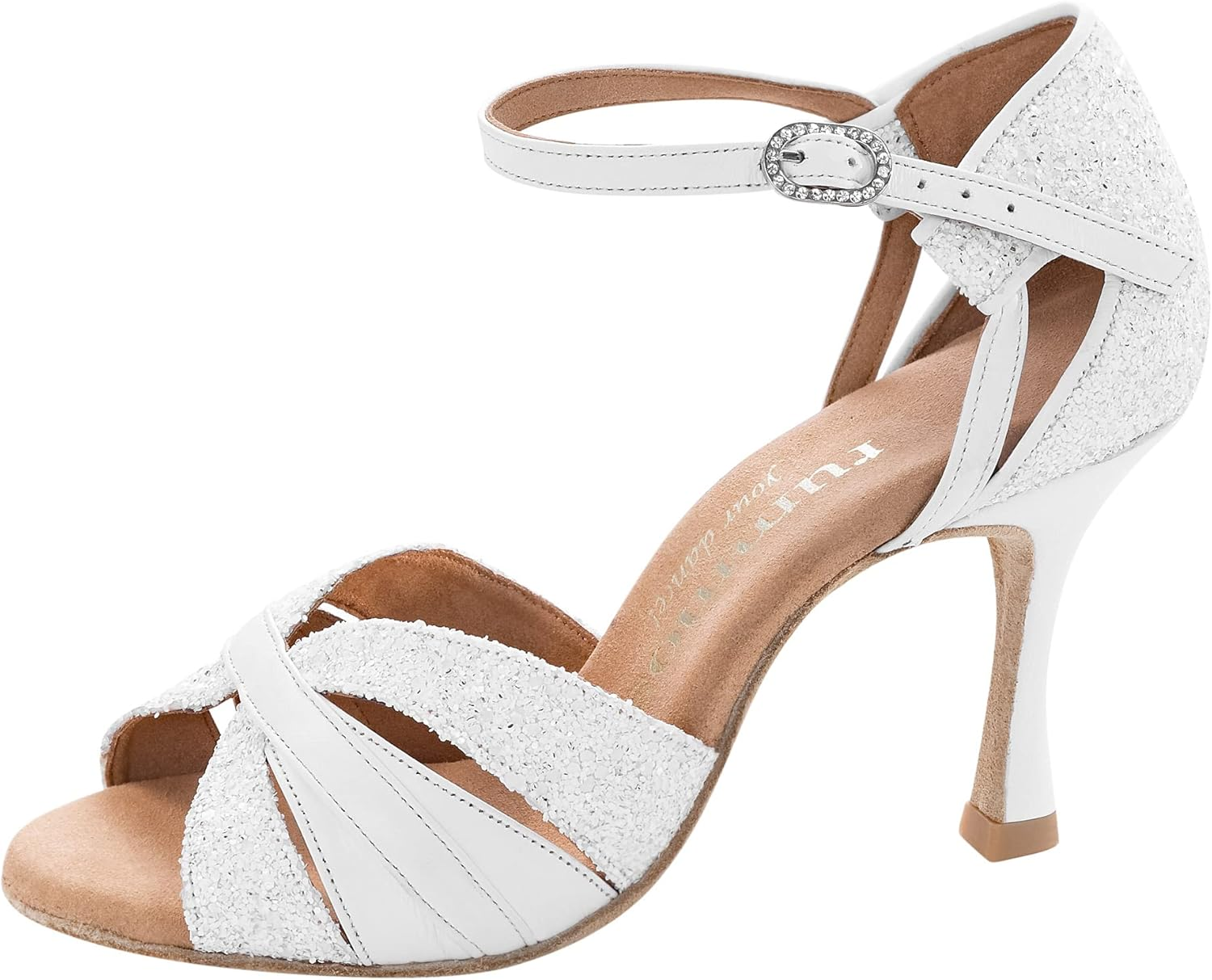 Rummos Women'S Latin Dance Shoes Elite Aura 004/GS4 - Leather/Glitter White - Medium (Normal Width) - Heel: 7 Cm Flare Heel - Made in Portugal image number 1
