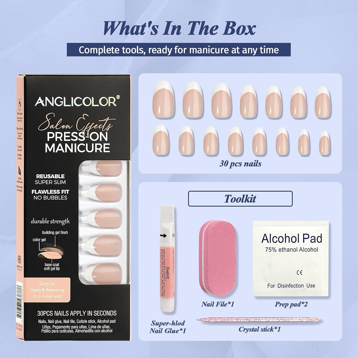 Anglicolor Press on Nails,Press on Nails Short,Short Almond Nails,30 Pcs Soft Gel Fake Nails in 15 Sizes, Reusable Fake Nails Kit with Nail Glue (A103, 30 Count) - A103 image number 1