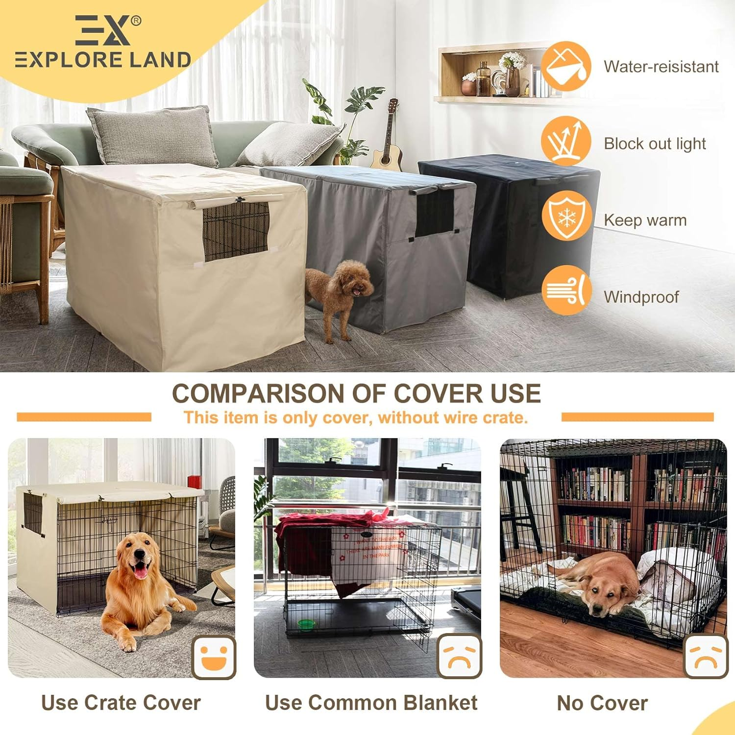Explore Land Dog Crate Cover Durable Polyester Pet Kennel Cover Universal Fit for Wire Dog Crate (48 Inch, Tan)