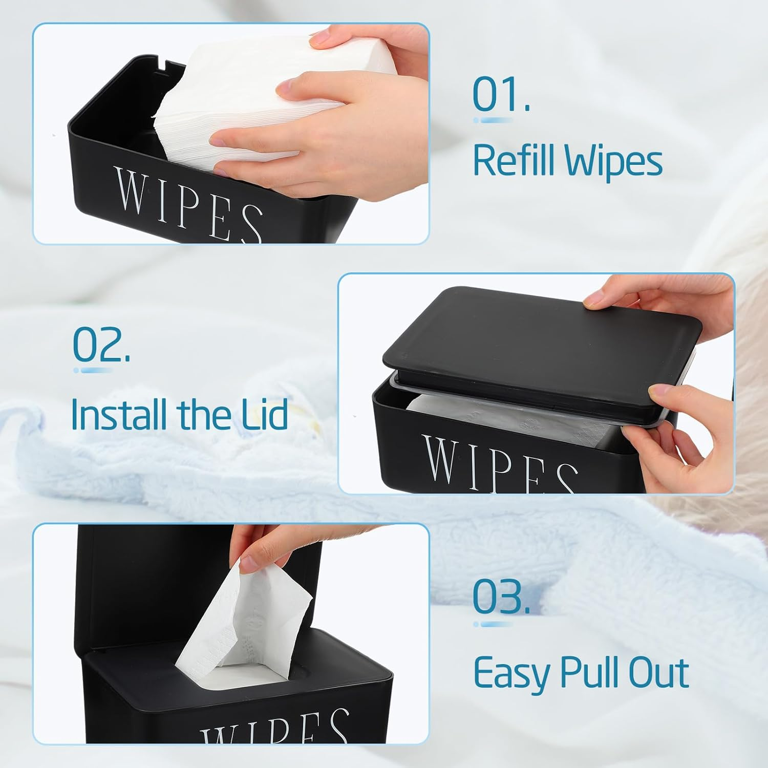 3 Pack Baby Wipes Dispenser Holder Wipe Container for Bathroom with Lid Toilet Tissue Paper Storage Refillable Box for Home Office Cars(Small,Black) image number 5