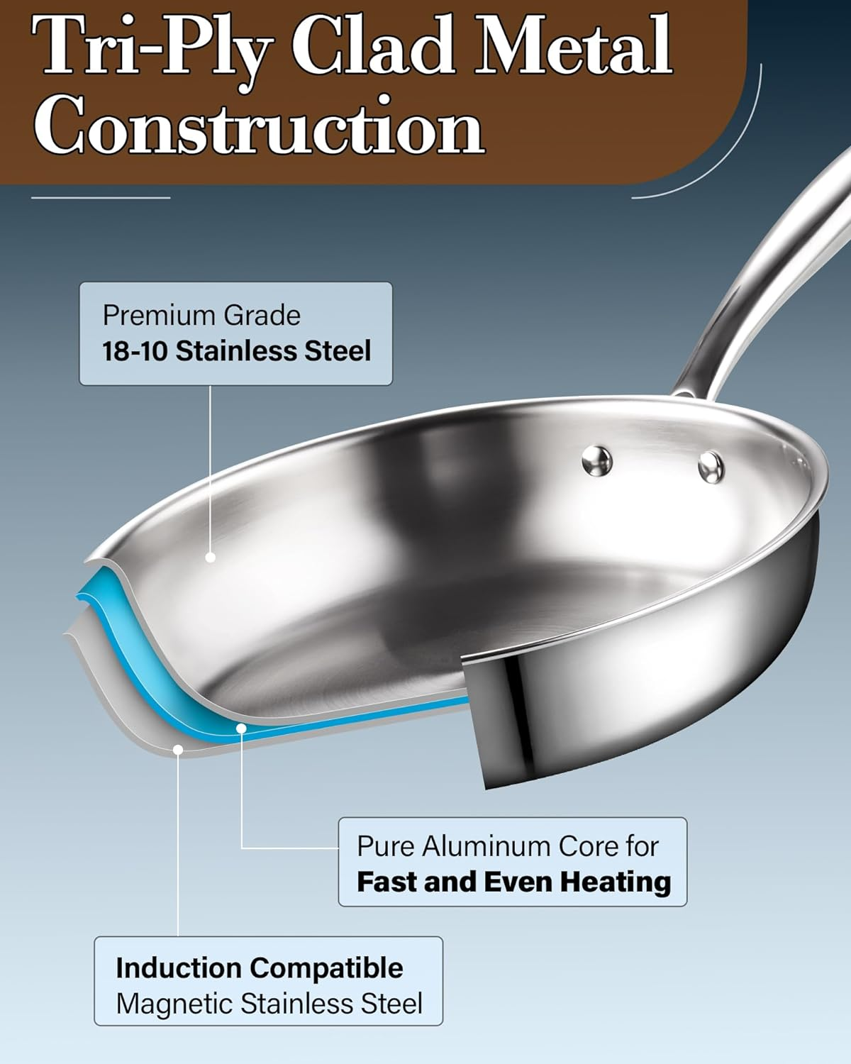 Cook N Home Pots and Pans Stainless Steel Cooking Set 7-Piece, Tri-Ply Clad Kitchen Cookware Set, Dishwasher Safe, Glass Lid, Silver image number 2