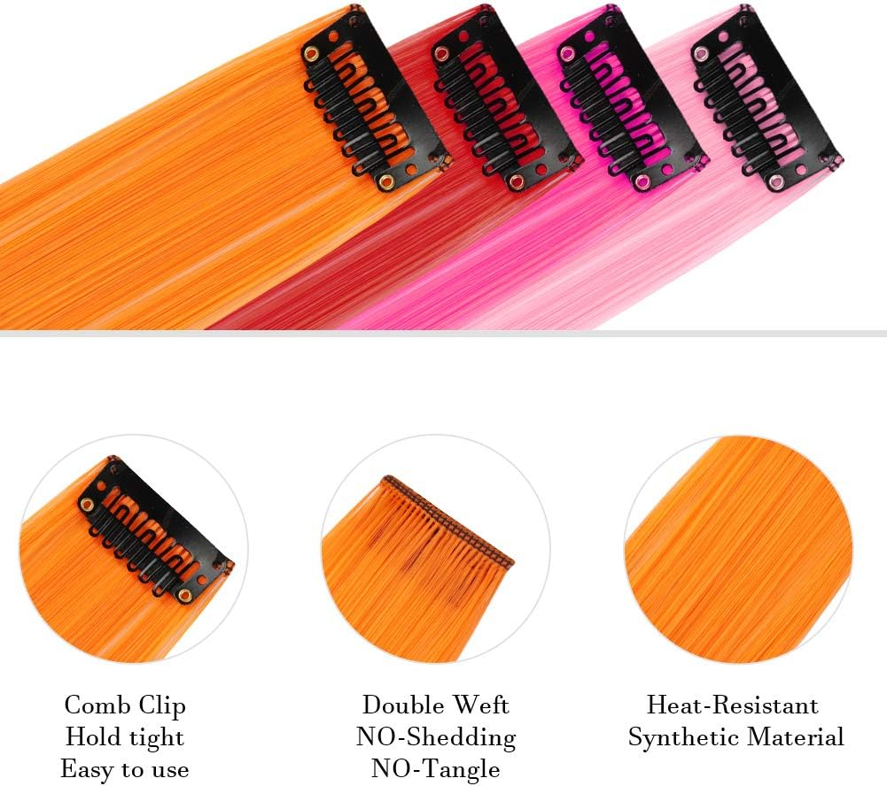12 Pcs Colored Party Highlights Colorful Clip in Hair Extensions 22 Inch Straight Synthetic Hairpieces for Women Kids Girls, Rainbow image number 4