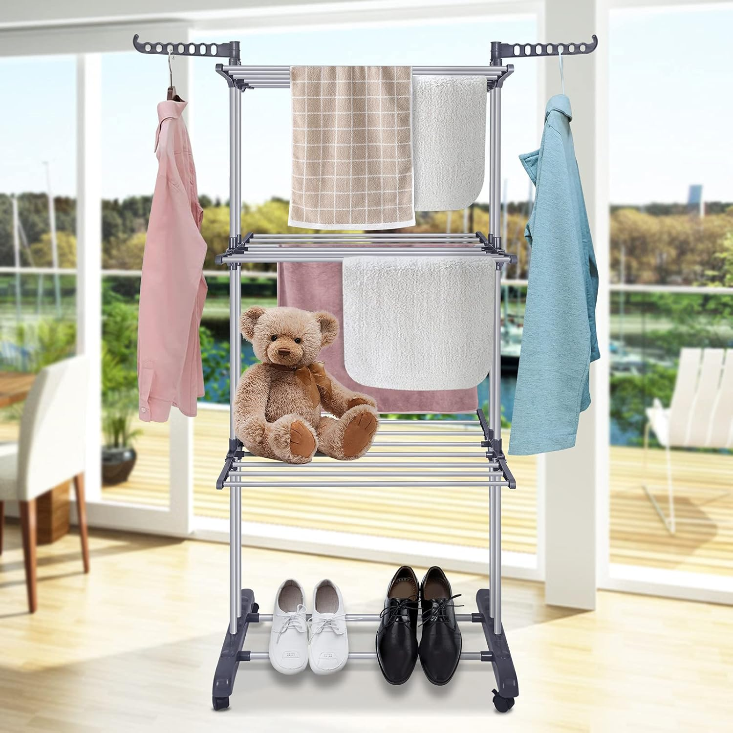 Bigzzia Clothes Drying Rack Folding Clothes Rail 3 Tier Clothes Horses Rack Stainless Steel Laundry Garment Dryer Stand with Two Side Wings Grey image number 3