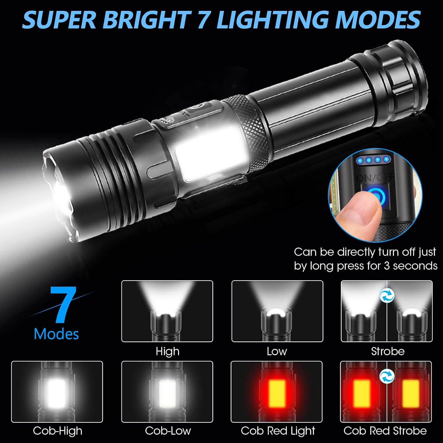 2 Pack LED Torch, Rechargeable Flashlight Super Bright with Cob Side Light, High Lumens Handled Torch, High Powered Torches, Powerful Tactical Flashlight for Camping Hiking Emergency image number 5
