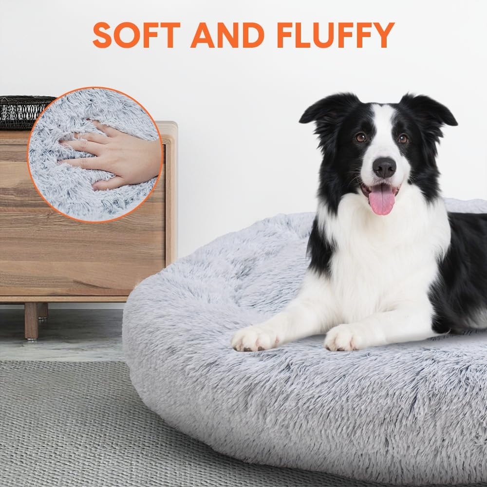 Melpet round Plush Pet Bed round Soft Warm Calming Bed Removable and Washable Fluffy Cushion Sleeping Kennel for Dogs and Cats 90Cm in Diameter Light Grey image number 4