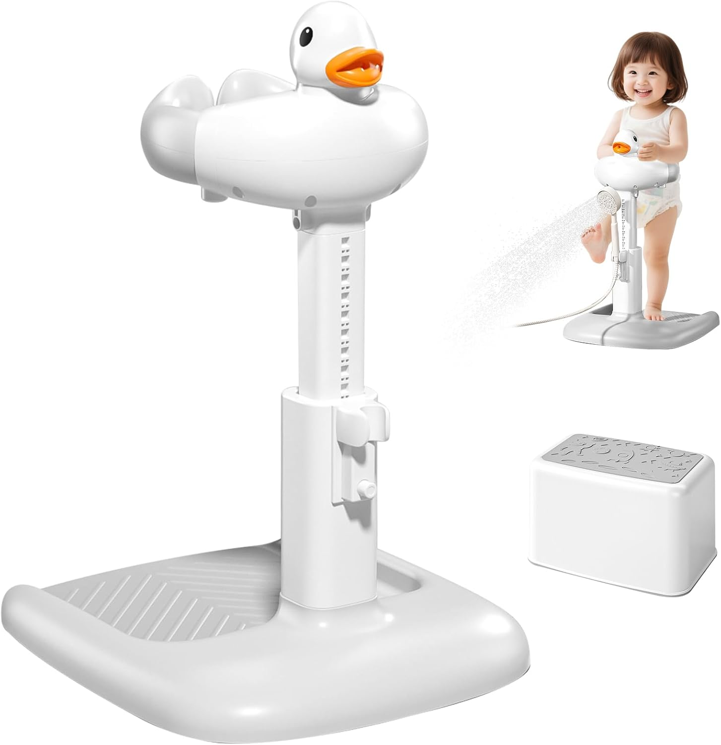 Kinsdan Adjustable Baby Bath Stand with Stool for 12+ Months，Shower Stand with Hand Holder, Baby Standing Bath Anti-Slip and Anti-Pinch Design for Bathing image number 3