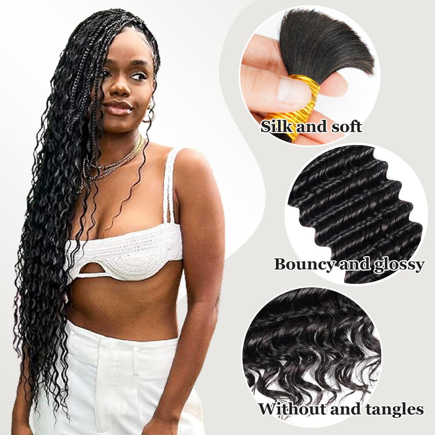 Deep Wave Bulk Human Hair for Boho Braids Human Braiding Hair for Micro Braid 100% No Weft Brazilian Virgin Curly Human Hair Extensions for Boho Braids (Deep Wave 1B#, 18Inch 100G(50Gx2Bundles)) image number 3
