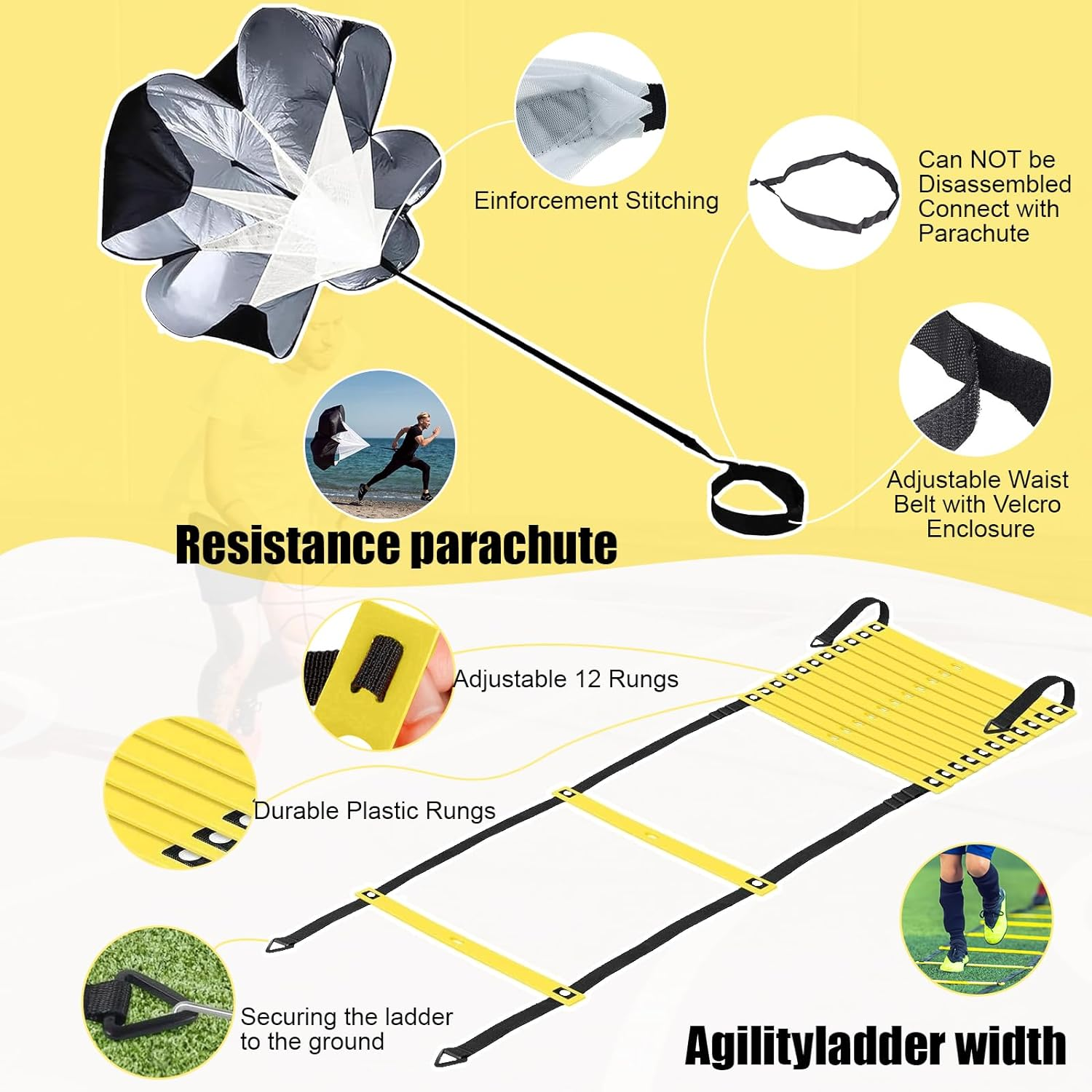 Speed Agility Training Equipment Set, 20Ft Agility Ladder,12 Soccer Cones, Jump Rope, Running Parachute, Basketball Football Soccer Training Equipment for Kids Youth Adults image number 2