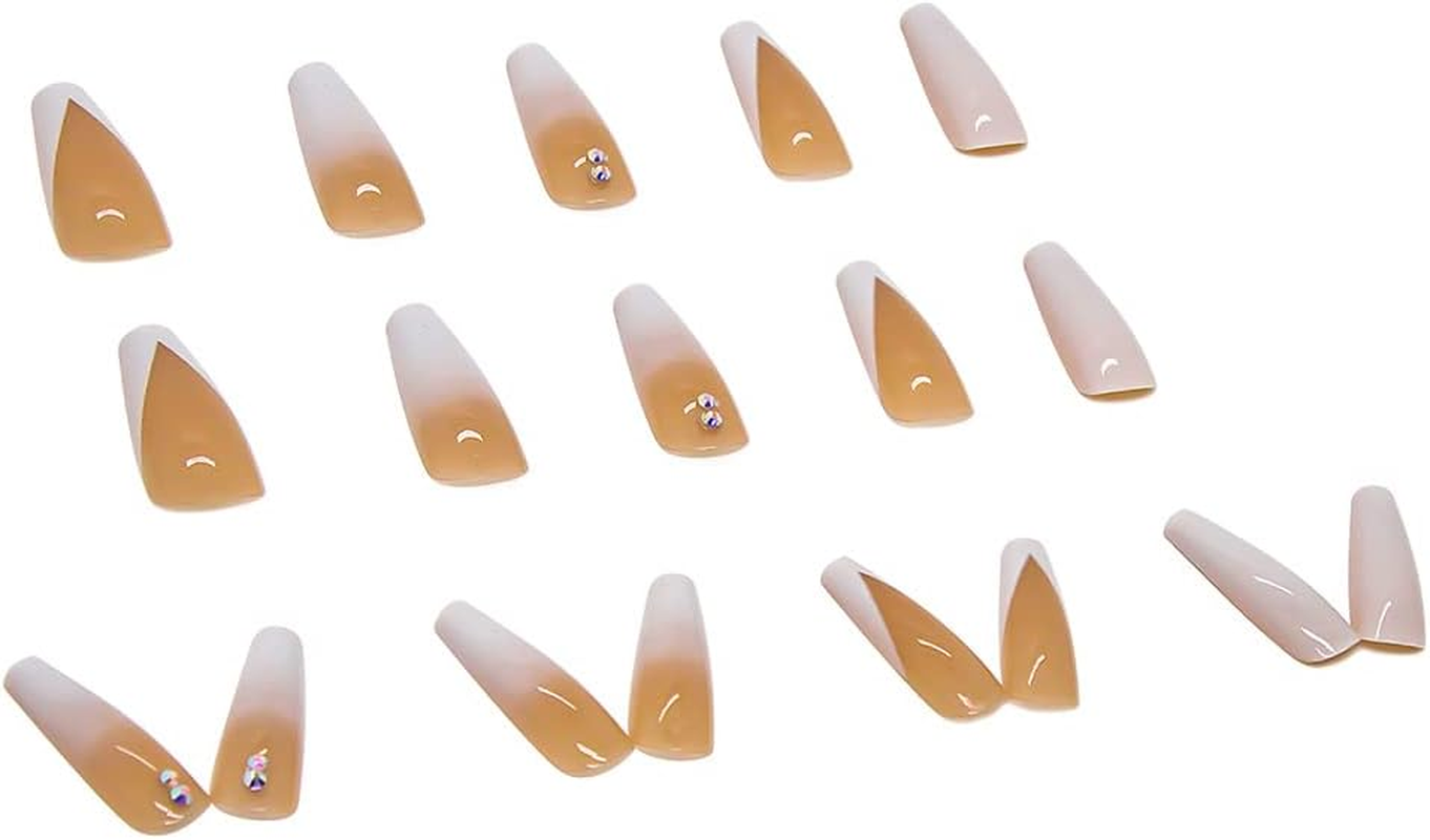 Rikview French Press on Nails Long Fake Nails Coffin with Rhinestones White Nails Glossy Acrylic Nails for Women image number 5