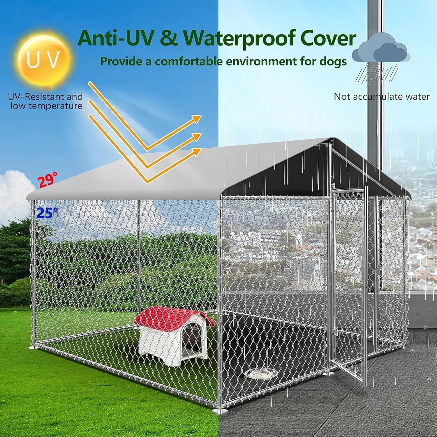 Outdoor Dog Kennel - Durable Galvanised Steel Construction with Safety Lock and UV Protected Canopy - Large Space for Exercise and Play (200 X 100 X 150 Cm) image number 6