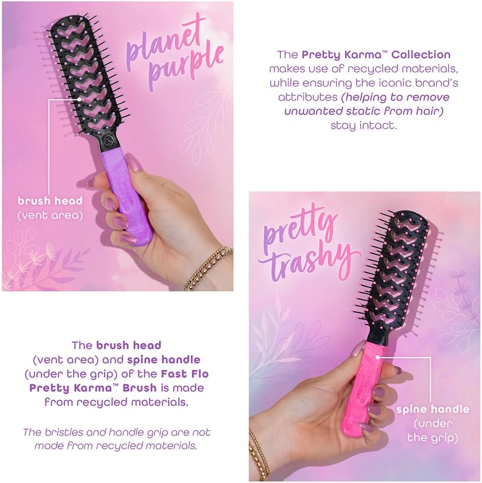Cricket Static Free Fast Flo Pretty Karma Vent Hair Brush for Blow Drying, Styling and Detangling for All Hair Types, Eco Friendly, Recycled Materials, Pretty Trashy - Pink image number 2