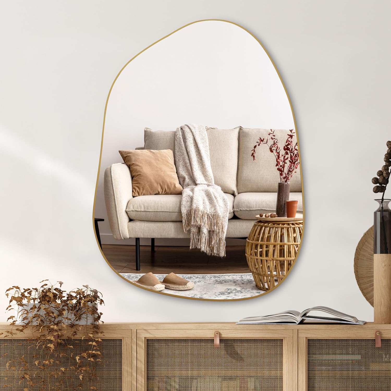 PERFNIQUE Irregular Wall Mirror Asymmetrical Mirror, 27''X19'' Gold Mirror for Bathroom Bedroom Living Room Entryway, Decorative Modern Wall Decor, Wall Mounted Mirror (Gold, 27''X19'')