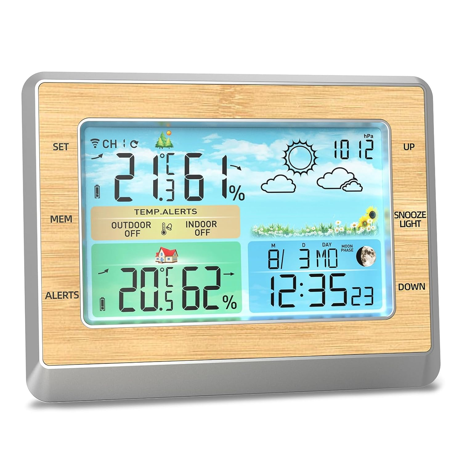 Large Color Screen Wireless Weather Station Clock with Brightness Adjust, Indoor Outdoor Temperature, Humidity Meter, USB Port image number 1
