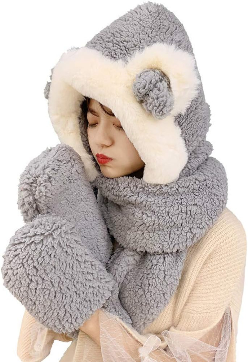 Tonwhar Womens Cute Winter Thick Warm Long Hooded Scarf with Mittens