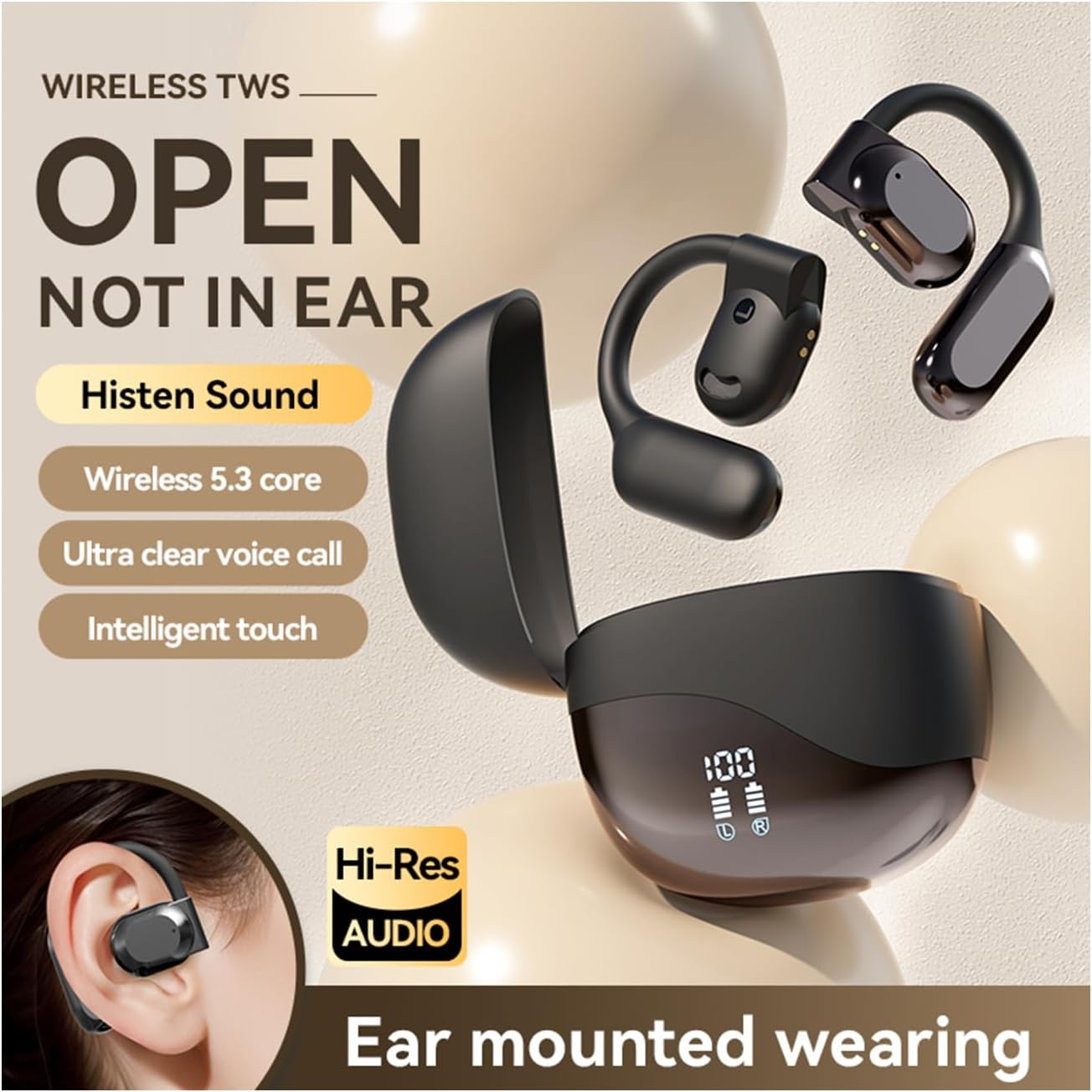 Oimzzr M62 Wirel Headset Ligent Digital Display Call Noise Cancellation Surround Stereo Sound Fingerprint Control OWS On-Ear Sports Headset Suitable for Travelling Busin and Study image number 6