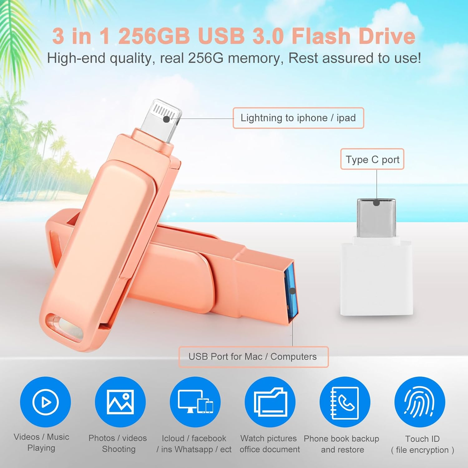 3 in 1 256GB USB Flash Drive for Iphone,Photo Stick,Mfi Certified Iphone Flash Drive Thumb Drive,Usb Memory Stick USB Storage Stick for Iphone 16/15/14/13/12/11/X/XS.../PC/USB C Flash Drives(Pink) image number 1
