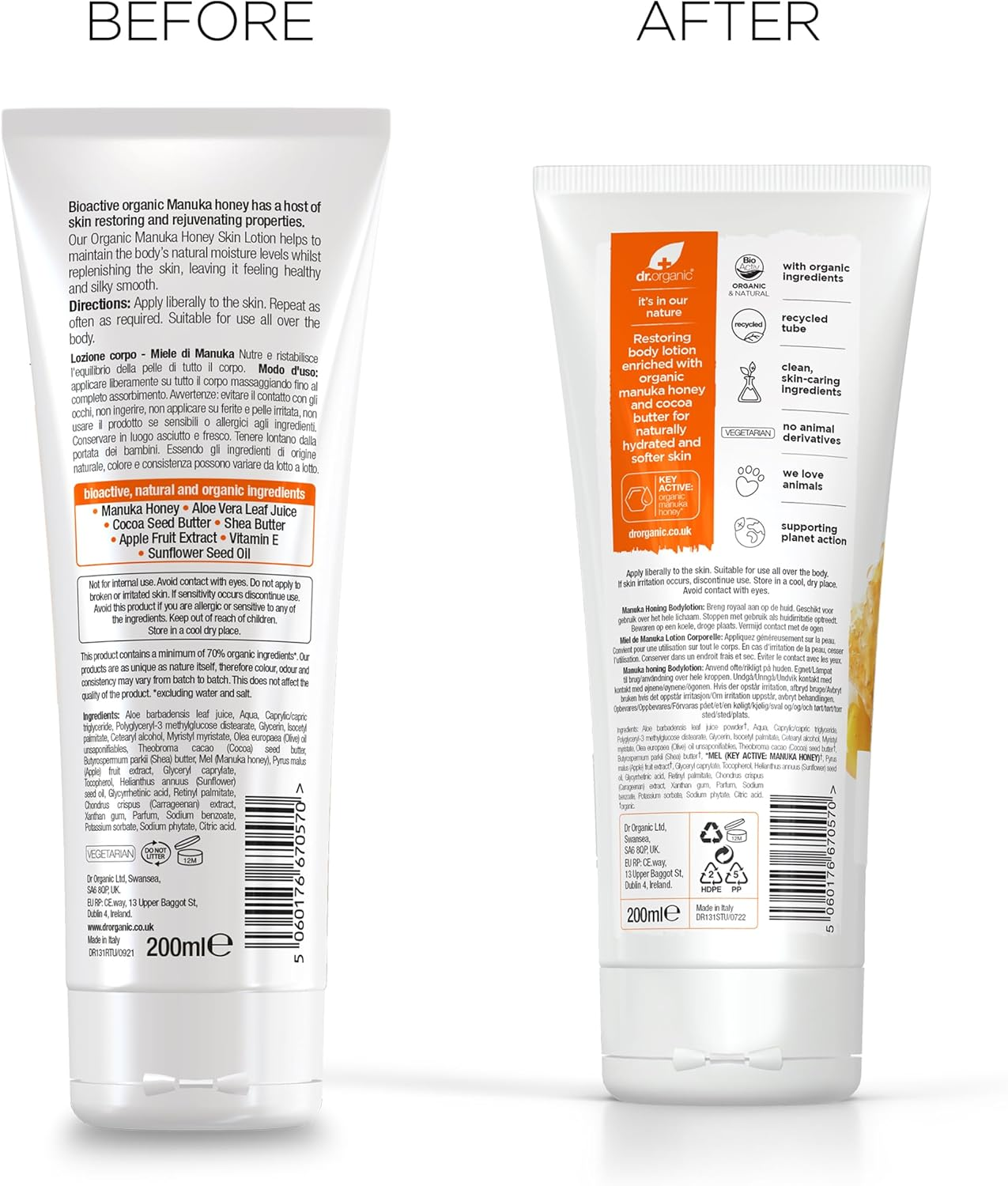 Dr Organic Manuka Honey Lotion, Moisturising, Dry Skin, Mens, Womens, Natural, Vegetarian, Cruelty-Free, Paraben & Sls-Free, Organic, 200Ml, Packaging May Vary