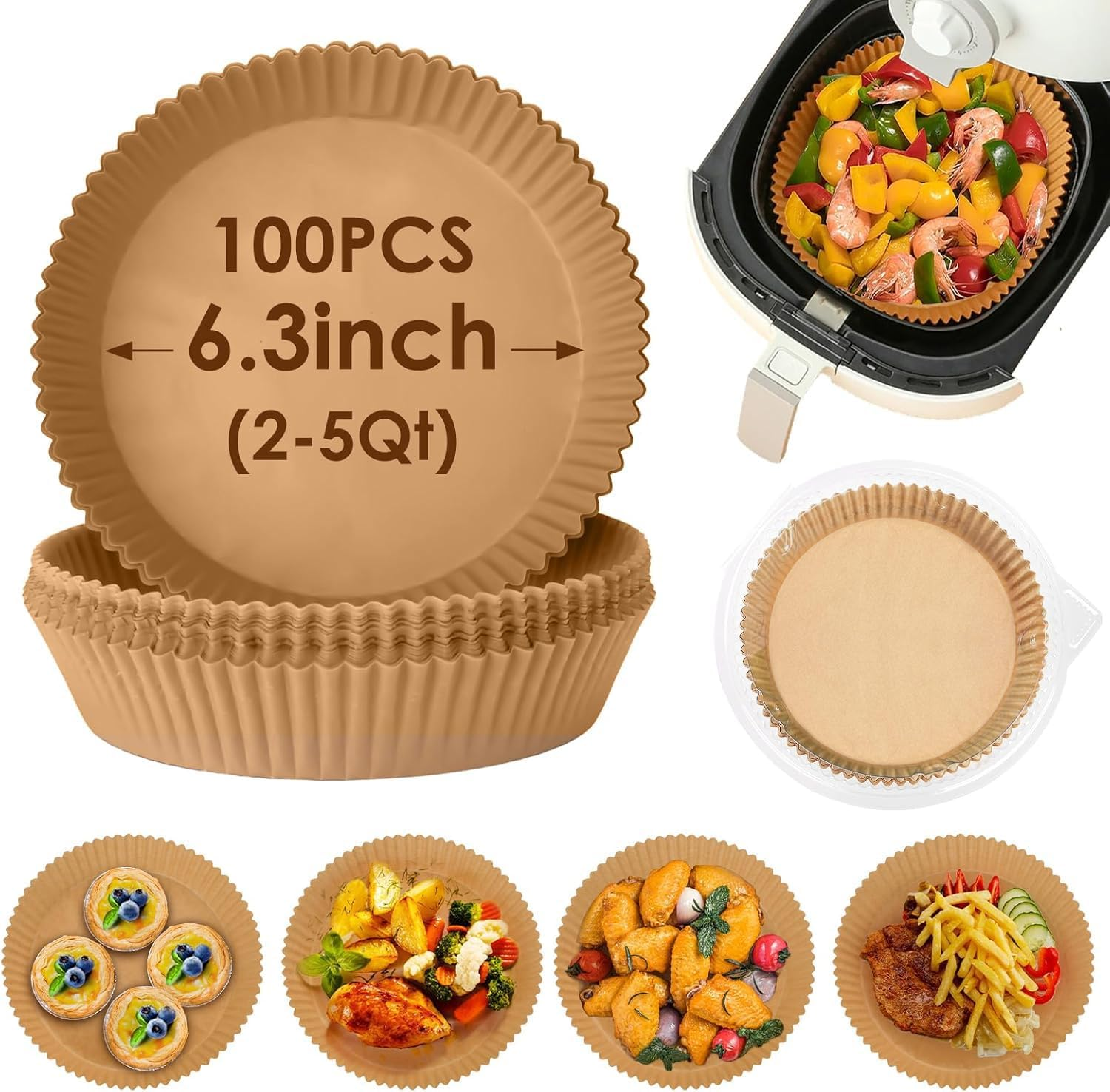 Mumoo Bear Air Fryer Disposable Paper Liners round [100 Pack], 6.3Inch Air Fryer Parchment Paper Liner, Non-Stick Air Fryer Paper Pads Oil Resistant, Waterproof, Food Grade Baking Paper for Microwave image number 2