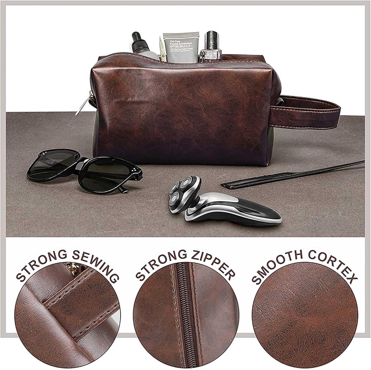 ZAUIBDUU Small Waterproof Leather Hand Carry Mens Travel Toiletry Bag (Dark Brown)