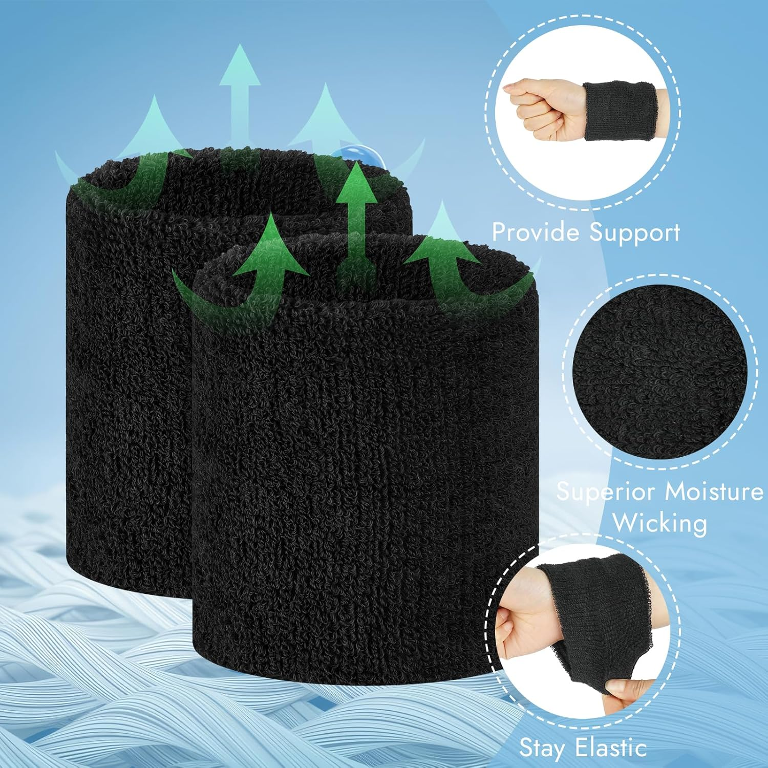 8 Pcs Sports Wrist Sweat Bands for Men & Women， Absorbent Wrist Sweatbands Tennis Wristbands, Elastic Wrist Bands for Sweat for Basketball Tennis Football Gym Running Working Out image number 2