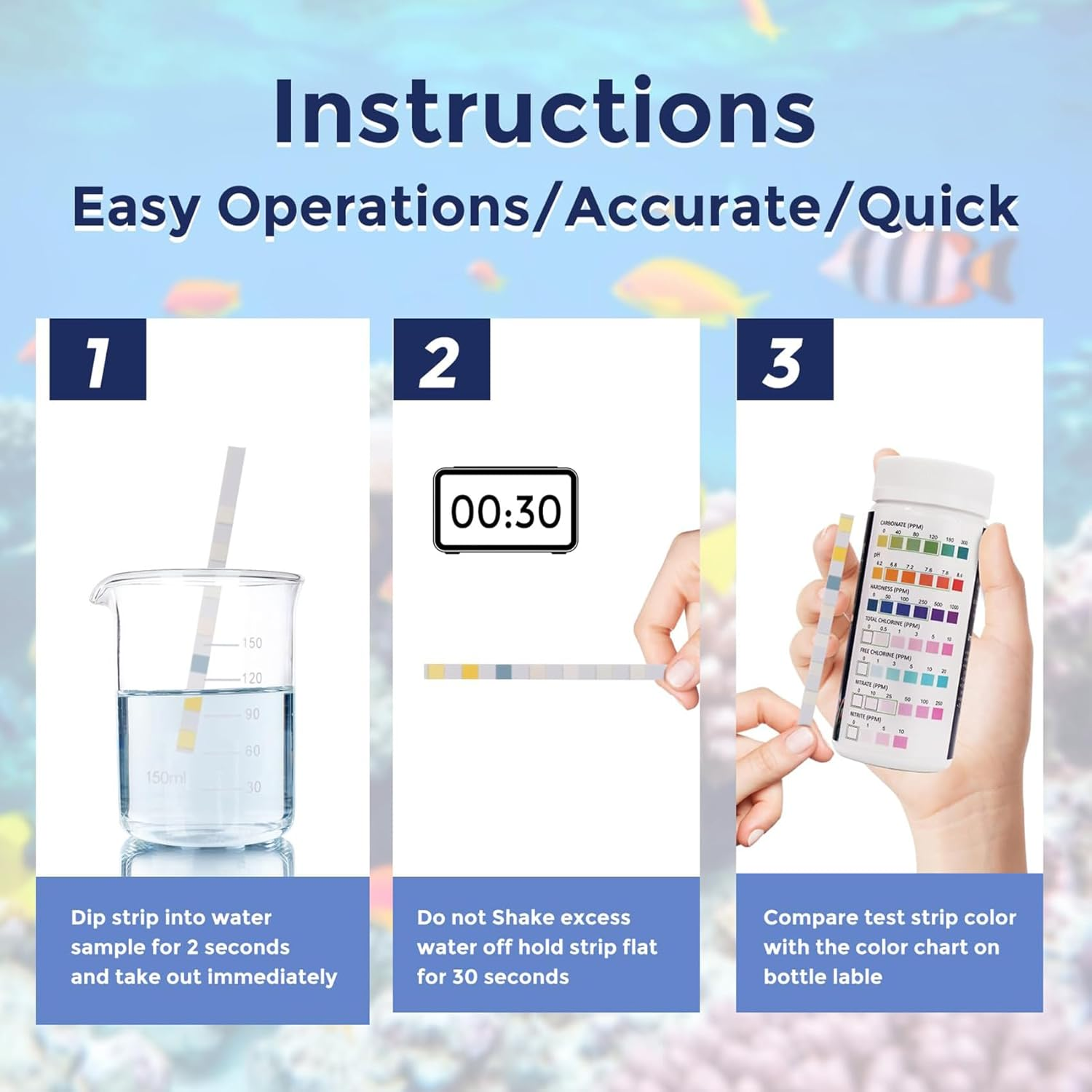 7 in 1 Aquarium Test Strips, 100 Strips Fish Tank Water Quality Test Freshwater Saltwater Test Kit for Test Nitrate, Nitrite, Chlorine, Hardness, Alkalinity, Carbonate, Ph -Aquarium Water Testing image number 4