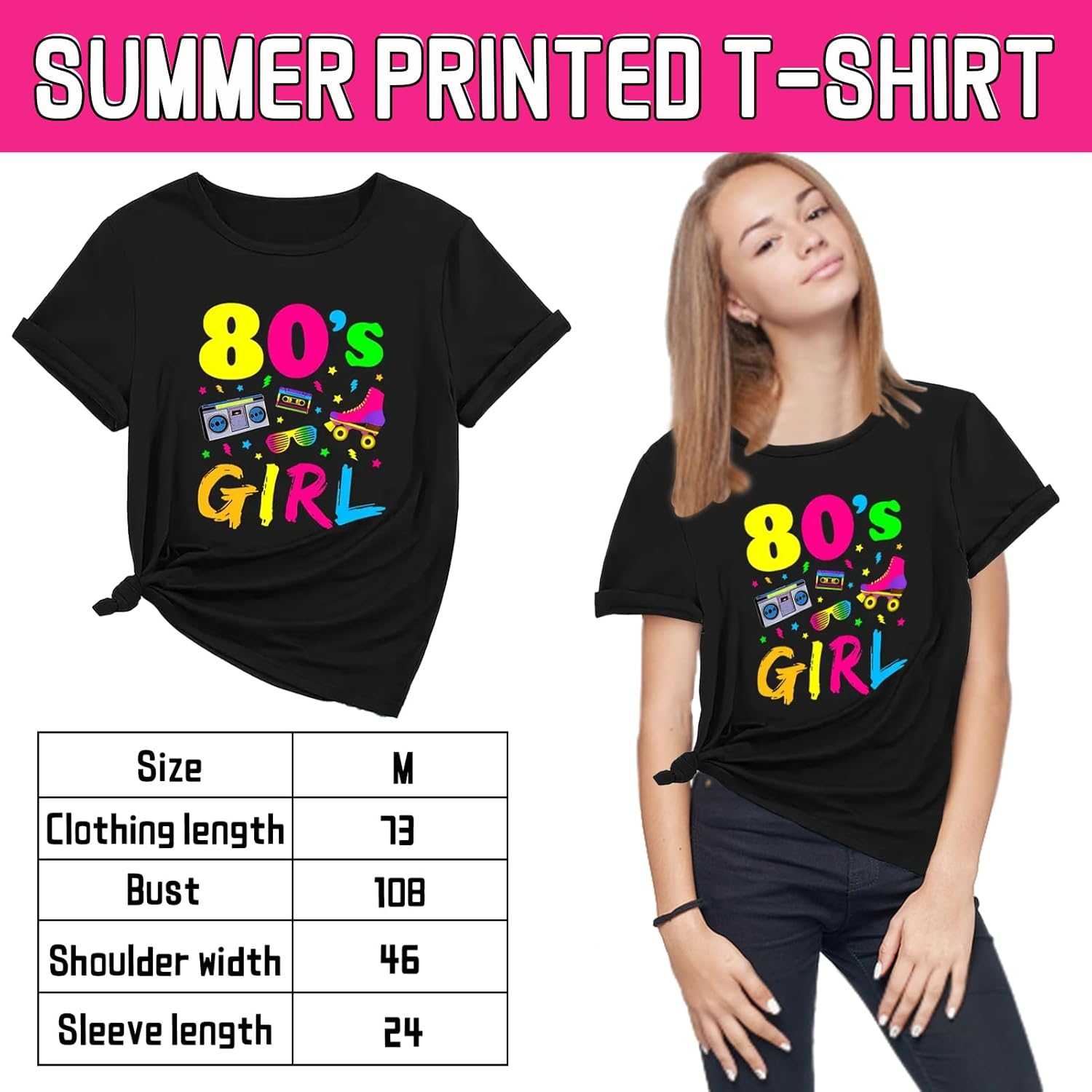 21PCS 80S Girl'S Clothing and Accessory Set, T - Shirt Printed with Elements, 80S Party Accessories Including Pink Bead Chain, Lace Headband, Bracelets, Retro Sunglasses, Etc. 1980S Themed Party image number 1