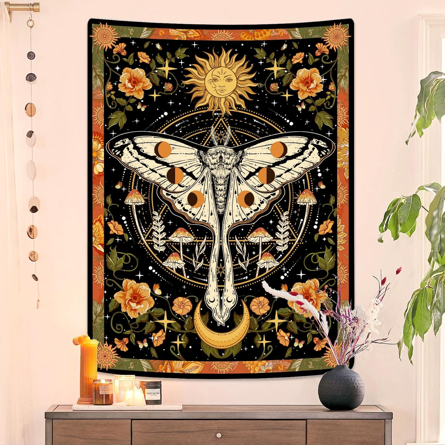 Aipon Orange Moth Tapestry Boho Retro Floral Flowers Tapestries Aesthetic Vintage Mushroom Tapestry Bedroom Indie Vertical Tapestry Wall Hanging for Living Room Dorm (44.00'' &times; 60.00'', Orange) image number 4