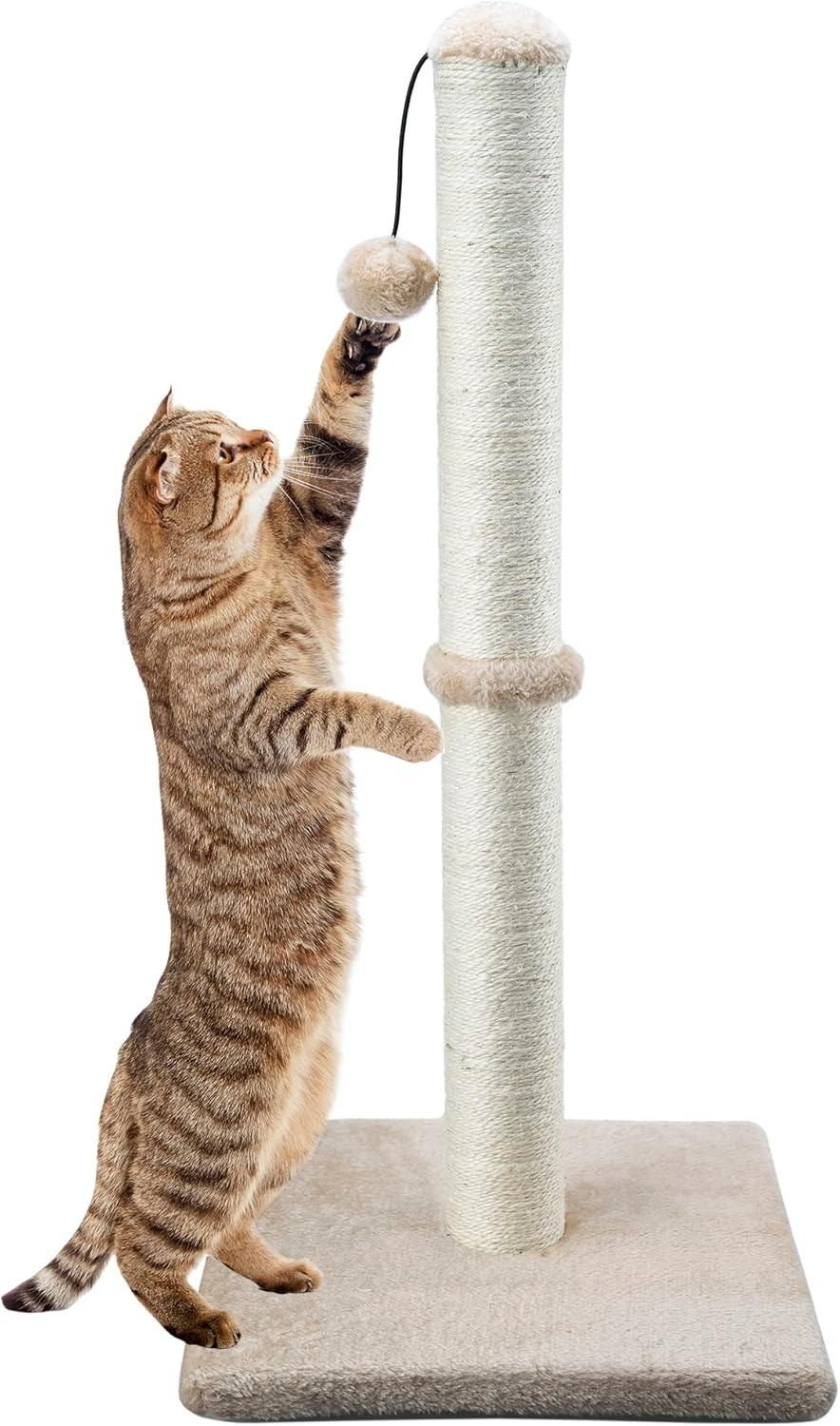 Dimaka 29" Height Tall Cat Scratching Post, Claw Scratcher with Sisal Rope and Covered with Soft Smooth Plush, Vertical Scratch [Full Strectch] for Standard Size Cats. (Beige)