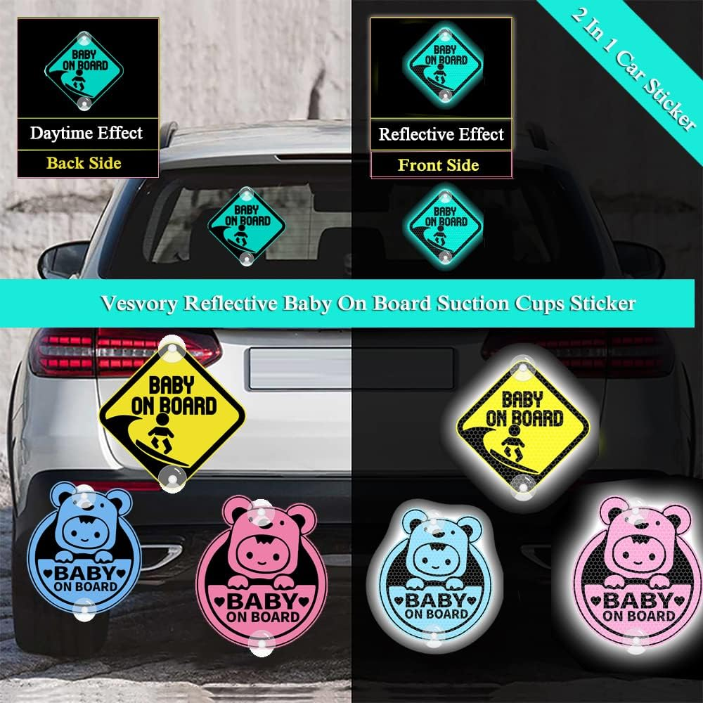 Vesvory Baby on Board Surf Sticker for Cars, Reflective PVC Car Decals with Suction Cups Double-Side Baby on Board Sign Reflective Baby Safety Warning Car Decal,4.72X4.72 In(Reflective Yellow) - Blue image number 7
