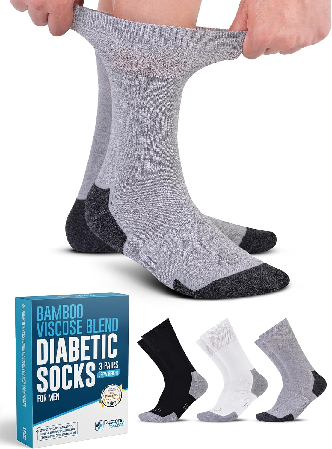 Doctor'S Select Bamboo Viscose Diabetic Socks for Men - 3 Pairs Crew Neuropathy Socks for Men | Diabetic Socks for Men 9-12