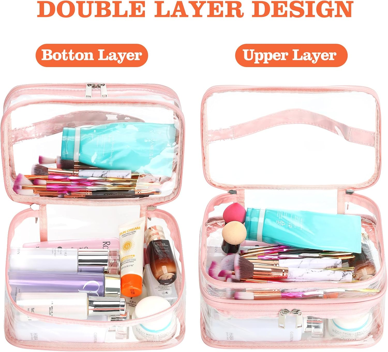 HAOGUAGUA Double Layer Clear Cosmetic Bag Makeup Bag, Waterproof Travel Toiletry Bag, Transparent PVC Pouch Organizer, Pink Large, Double Layer Clear Cosmetic Bag