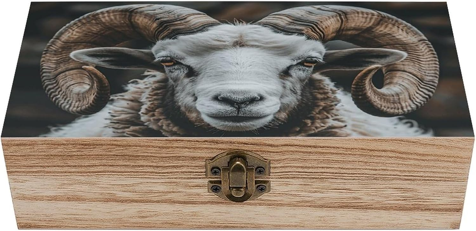 Longhorn Ram Pictures Wooden Box Wood Wedding Keepsake Boxes with Lids Small Decorative Boxes Lightweight Wooden Memory Storage Box for Crafts Keepsakes Jewelry Photo Letter Storage