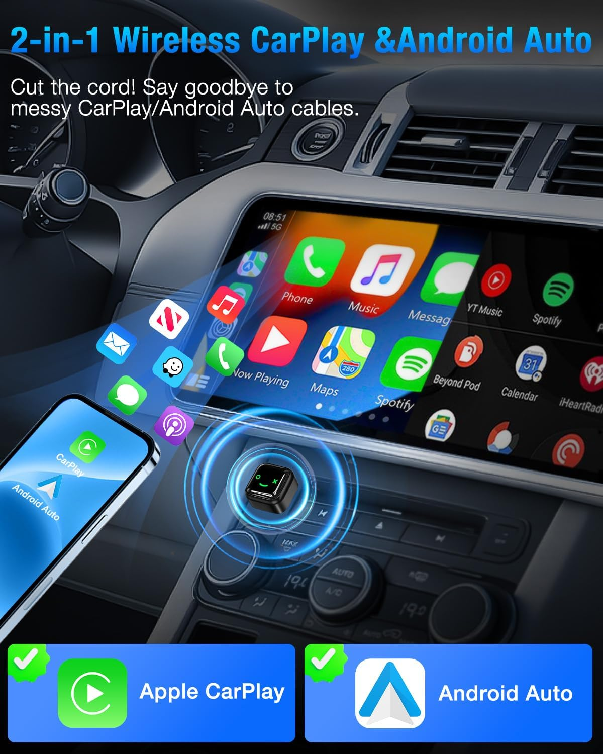 Oolong Wireless Carplay Adapter for Iphone,Converts Wired Carplay to Wireless,Usb A/C Mini Size,Retains Original Car Controls, Plug & Play Car Play Dongle for Iphone Ios 10+/ Android 11+/ Cars 2016+