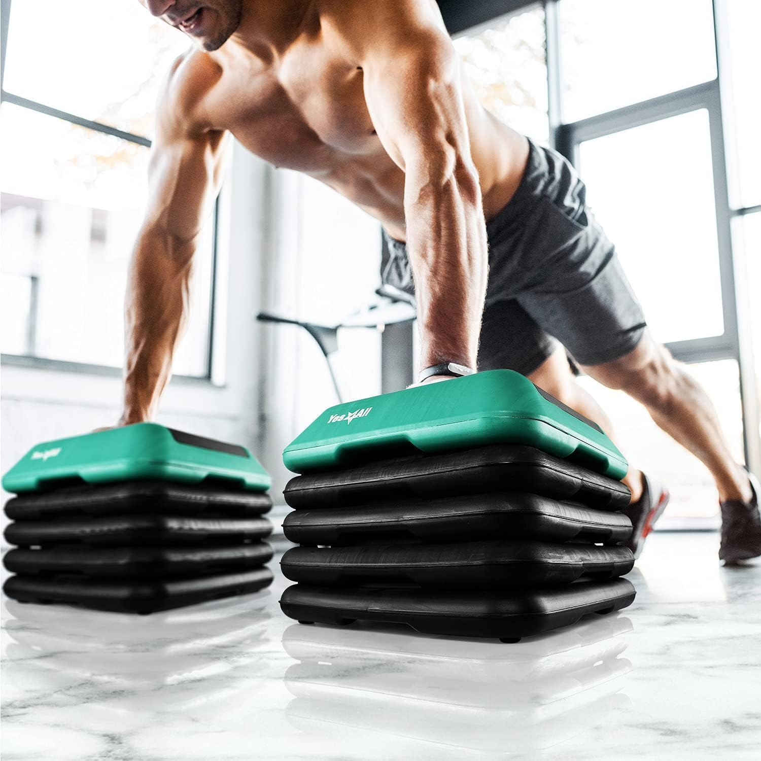 Yes4All 16"X16" Adjustable High Step Aerobic Platform with 4 Risers, Height-Adjustable 4"-6''-8''-10''-12" Step Aerobics Platform for Home Gym Exercise Fitness Workout - A. Red/Black image number 4