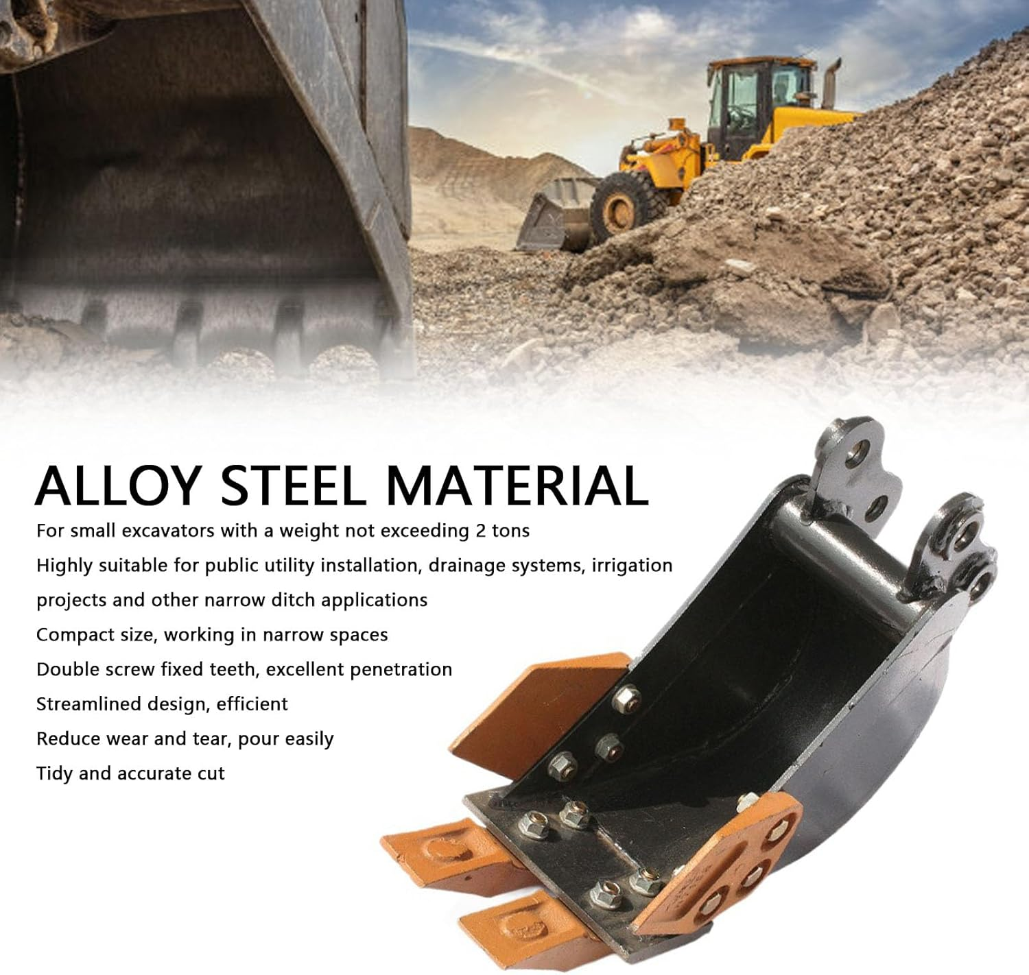 Jectse 200Mm, Mini Excavator Bucket Metal 7.87In, 2 Tons Heavy Duty Digger Attachment with Alloy Steel Teeth, for 800Kg to 2000Kg Machines image number 1