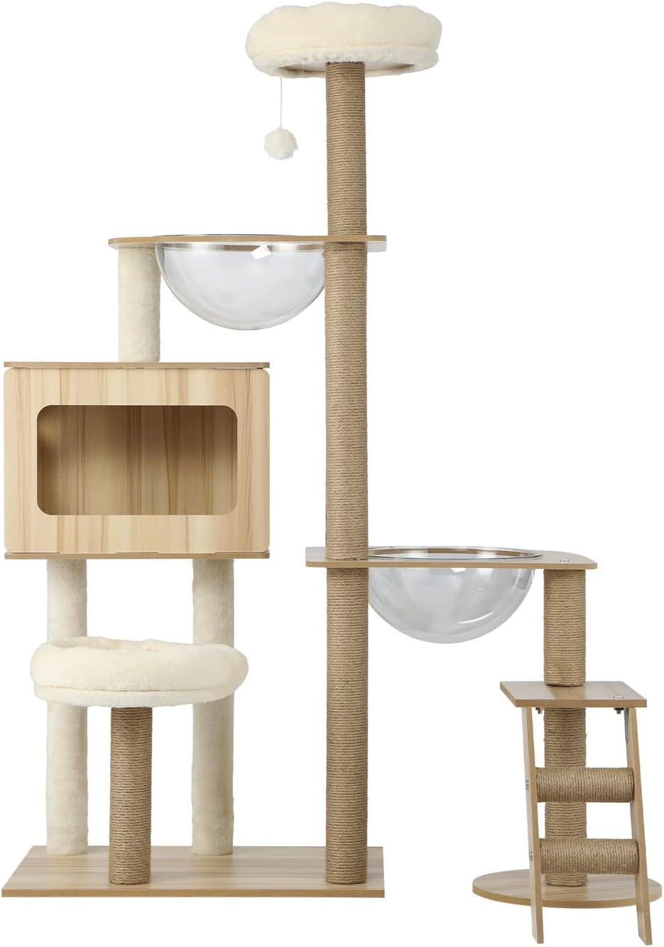 ALOPET Cat Tree with Ladder, 142Cm Cat Tower W/Sisal-Wrapped Scratching Posts, Hanging Activity Ball, Acrylic Bowl, Multi-Level Platforms Cats Condo House Bed for Indoor Cats Kitten Playing, Wood image number 1