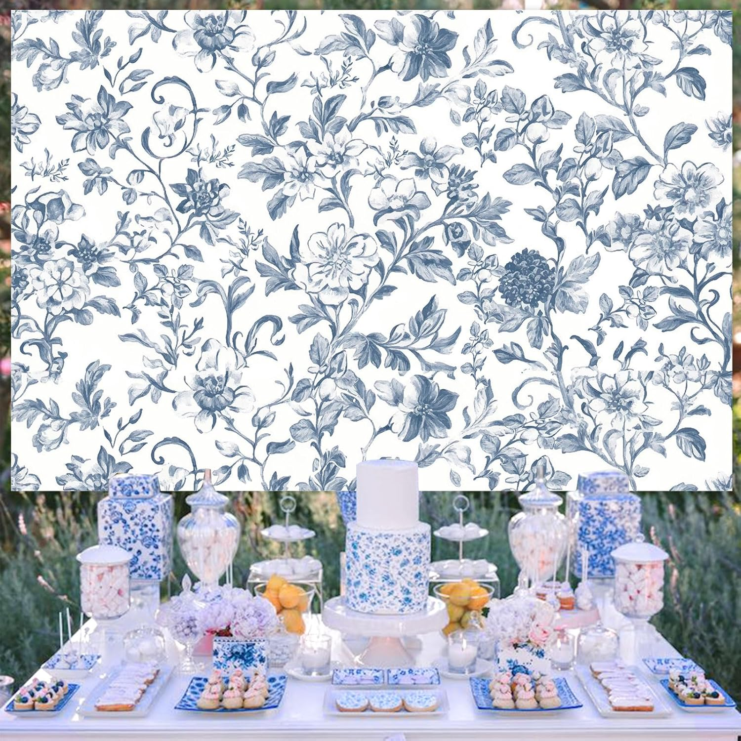 Wonmelody Blue Chinoiserie Party Decorations 5 * 3 Ft Blue Chinoiserie Backdrop Blue Floral Safari Birthday Baby Shower Backdrop Decor for Floral Blue Chinoiserie Birthday Wedding Bridal Shower image number 2
